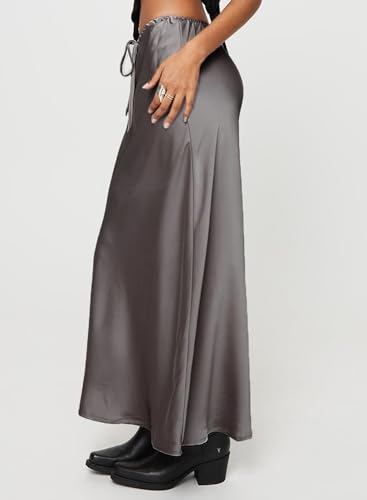 ebossy Women's Elegant Satin Silk Maxi Skirt Drawstring High Waisted A-line Cocktail Party Long Skirt3