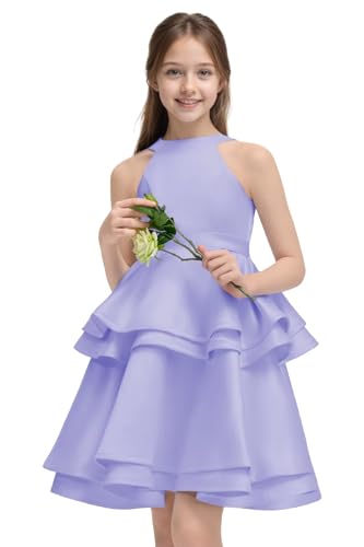 O Neck Flower Girl Dresses Tiered Satin Pageant Dresses for Girls Short Formal Party Dress
