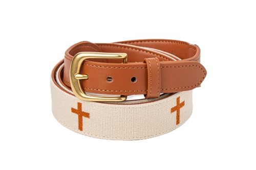 Palmetto Golf & Belts, Cross Embroidered golf belt, Beige backdrop with Brown Cross