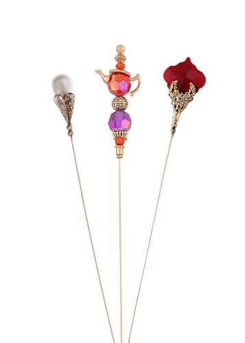 Image of Alilang Magic Lamp Pearl Lady Camo Rose Heart Rhinestones 3Pcs Vintage Long Handle Hat and Lapel Pins with Flexible Bendable Design