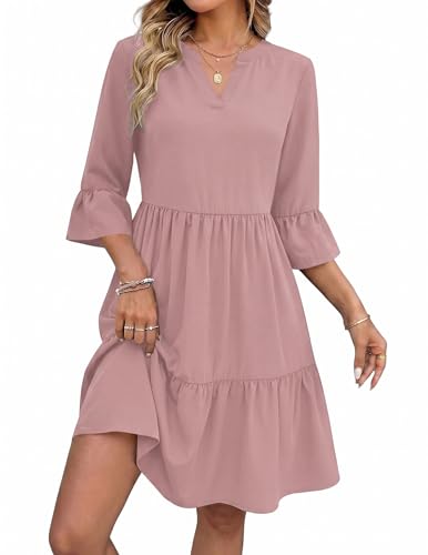 Zeagoo Robe Femme d'été à Manches 3/4 Robes Col en V Robe Ample et Décontractée Longueur Genou avec Poches Rose 2XL