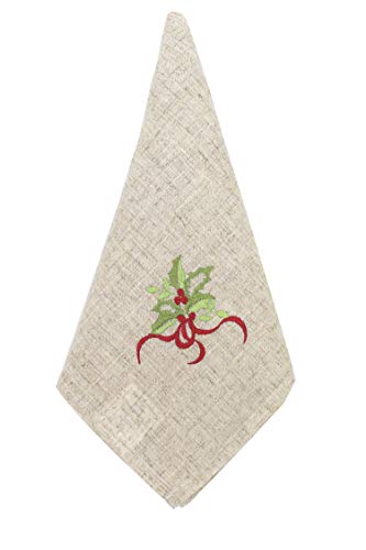 Fennco Styles Christmas Embroidered Holly Design Natural Holiday Decorative Cloth Napkins 20