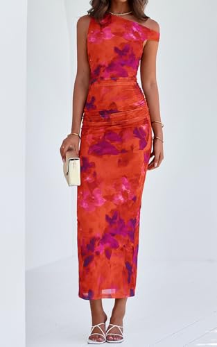 PRETTYGARDEN Women's 2025 Summer Floral One Shoulder Maxi Dress Wedding Guest Ruched Mesh Bodycon Long Cocktail Dresses4