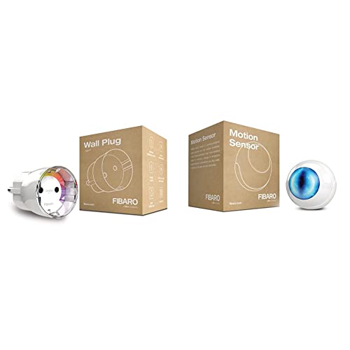 FIBARO Wall Plug/Z-Wave Plus Smart Steckdose Plug mit Leistungsmessung Typ F, FGWPF-102 & Motion Sensor/Z-Wave Plus Multisensor, Temperatur, Lichtintensitätssensor & Beschleunigungsmesser, FGMS-001