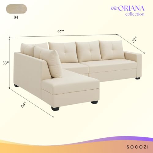 Image of SOCOZI Oriana 6 Seater LHS L Shape Sofa Set | Soft Velvet Suede Fabric | Modern Design | Plush Comfort Cushions for Living Room (Cream)