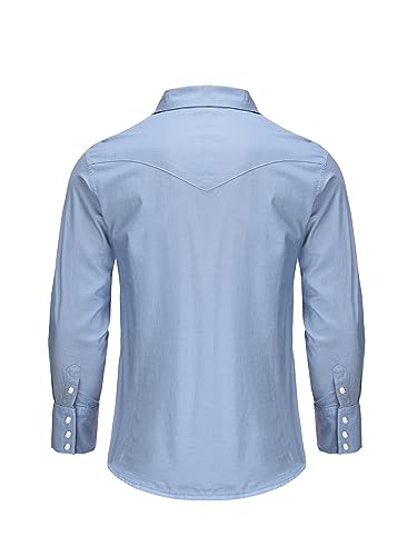 Men's Denim Western Cowboy Pearl Snap Long Sleeve Casual Button Down Up Soild Work Shirts2