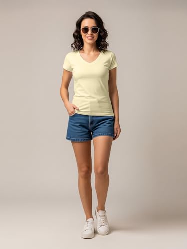 Image of JUNEBERRY Cotton Lycra Regular Fit V- Neck Solid Core Half Sleeves T-Shirt for Women & Girls (Colors Available: Black, Green, Magenta, Blue, Orange & Limeade)