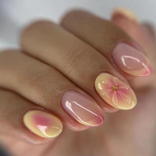 24Pcs Yellow French Tip Press on Nails Short Almond Fake Nails wi...