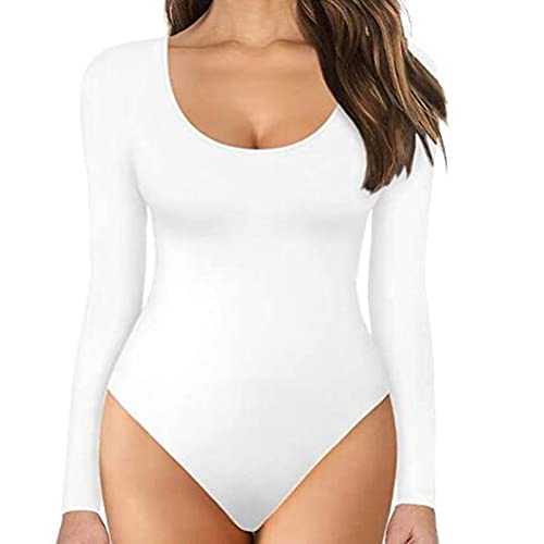 TOEECY Body para Mujer Manga Larga Cuello Redondo Stretch Sexy Bodies Vestir Ajustada Lencería Elegante Mono Leotardo Bodysuit Jumpsuit Cálida Tops (Blanco,M)