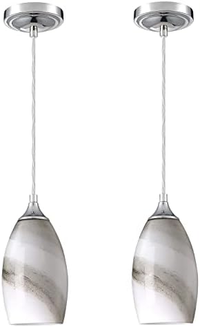 Leading Lighting Adjustable Cord 1 Light 2 Pack Indoor Mini Hanging Kitchen Island Pendant Lamps,Polished Nickel Finish with Handcrafted Marble Art Glass Chandelier Shade for Bar, Dining Room