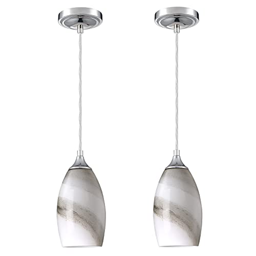 Leading Lighting Adjustable Cord 1 Light 2 Pack Indoor Mini Hanging Kitchen Island Pendant Lamps,Polished Nickel Finish With Handcrafted Marble Art Glass Chandelier Shade For Bar, Dining Room #TOP3