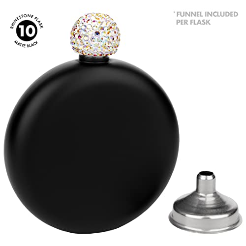 Andaz Press Matte Black Round Flasks With Rhinestone Lid For Bridesmaid, Diy Glitter Flask, 10-Pack Women's Liquor Flask For Wine, Purse, Best Friend, Bridesmaid Proposal, Sparkling Flask With Funnel #TOP1