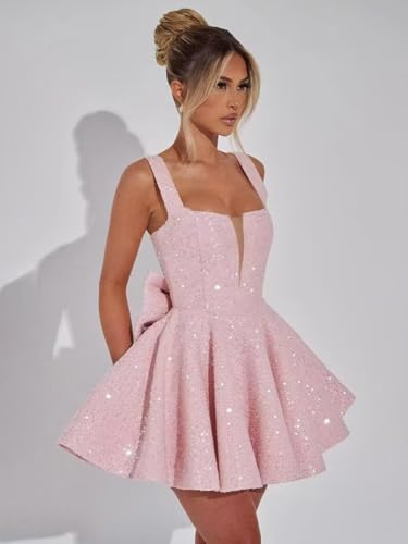 Short Sparkly Sequin Homecoming Dresses for Teens 2025 Cute A Line Flowy Puffy Mini Cocktail Dress with Bow3