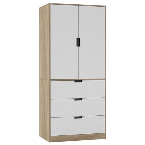 URBNLIVING Armadio moderno a 2 ante con 3 cassetti e asta appendiabiti, elegante contenitore autoportante, interno...