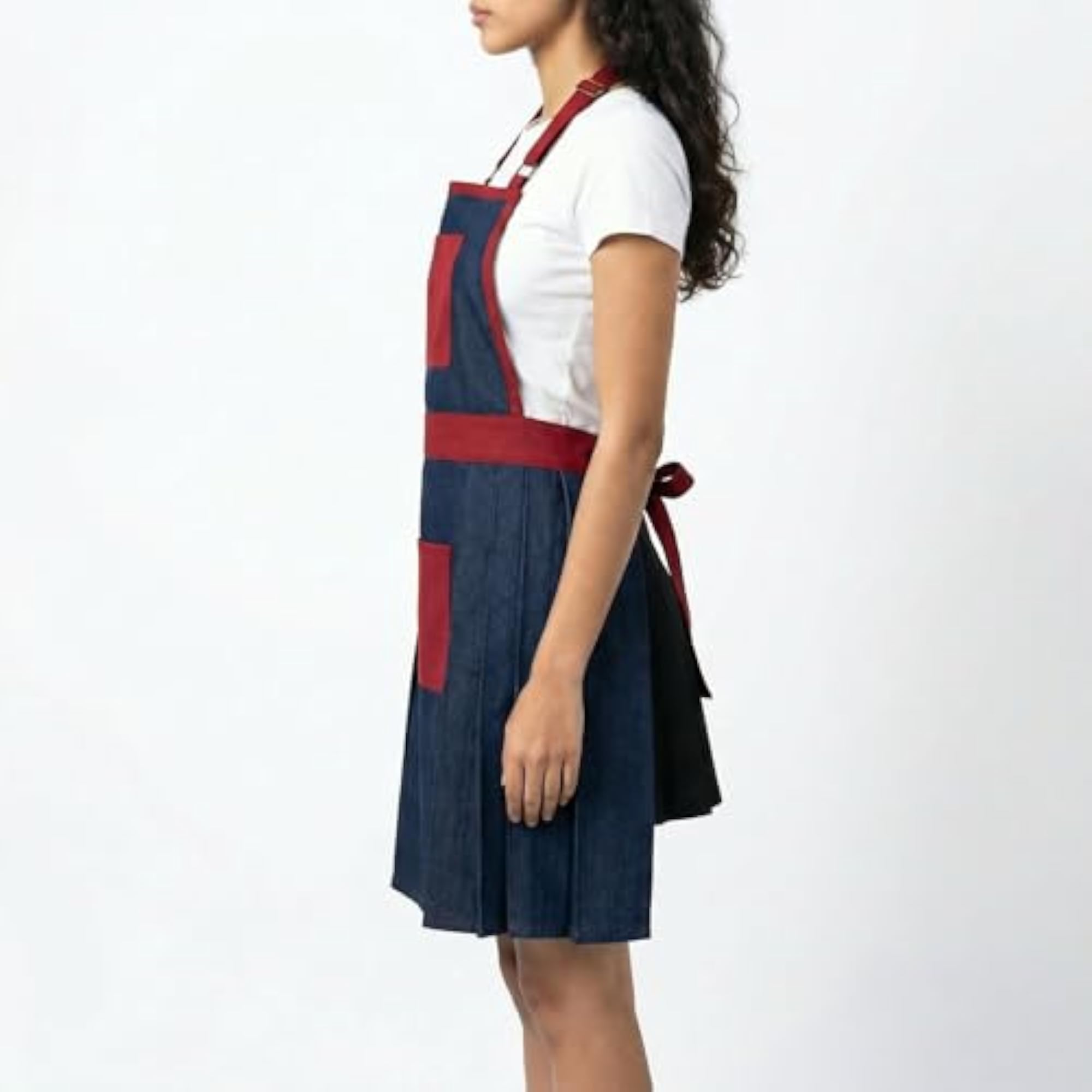 Women's Designer Denim Apron with Red Accents
