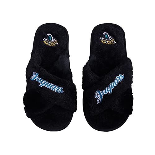 Image of FOCO Womens NFL Team Script Wordmark Fuzzy Cross Slide Slippers