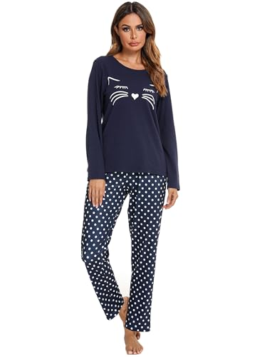 Reliwel Pyjama Femme Coton à Manches Longues - Vêtements de Nuit Long Ensemble 2 Pièces Chat - Doux Confortable avec Poches - Tenue Automne et Hiver S-XXL