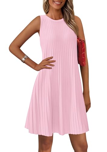 PRETTYGARDEN Womens 2025 Summer Sleeveless Mini Dress Crewneck Loose Tank A Line Pleated Swing Flowy Party Dresses (Light Pink,Large)