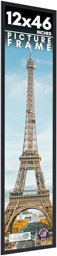 12x46 Frame Black Picture Frame - Complete Modern Photo Frame Includes UV Acrylic Shatter Guard Front, Acid Free Foam Backing Board, Hanging Hardware Wood Wall Frames for Family Photos - no Mat