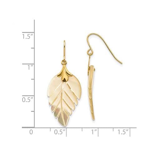 14k Yellow Gold and Mother of Pearl Leaf Dangle Drop Earrings4