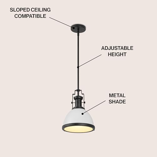 Image of JONATHAN Y Homer Industrial Dome Pendant 10 inch, White /Matte Black | 1-Light, Farmhouse Style, Adjustable Hanging Height, Glass Diffuser, Sloped Ceiling Compatible, Metal, LED Bulb Included