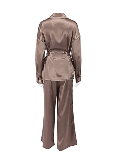 Vintage Brown Satin Loose Two Piece Set Women Long Shirt and Pants Casual Female Suit4