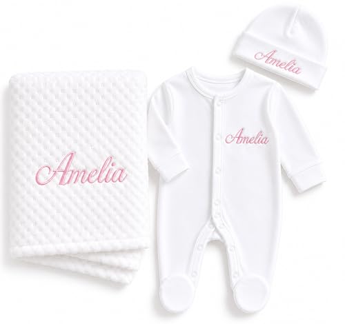 Lobeko Personalised Baby Gift Set for Newborn Baby Embroidered Waffle Blanket Cotton Sleepsuit & Hat 03 Months Custom Baby Name for Boys Girls & New Parents (Pink Thread Colour)