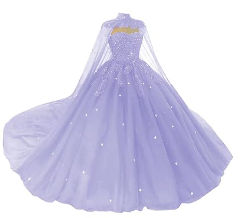 Women's Puffy Tulle Quinceanera Dresses with Cape Lace Sequins Prom Dresses Sweetheart Beaded Ball Gown for Sweet 15 16