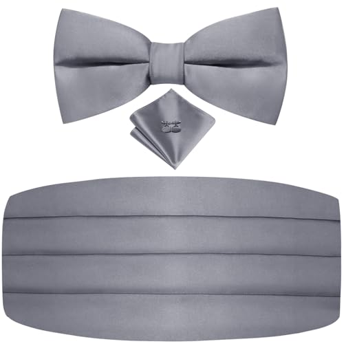 Image of Dubulle Mens Cummerbund and Bow Tie Set Paisley Floral Pretied Bowties for Men Pocket Square Cufflinks Wedding Business