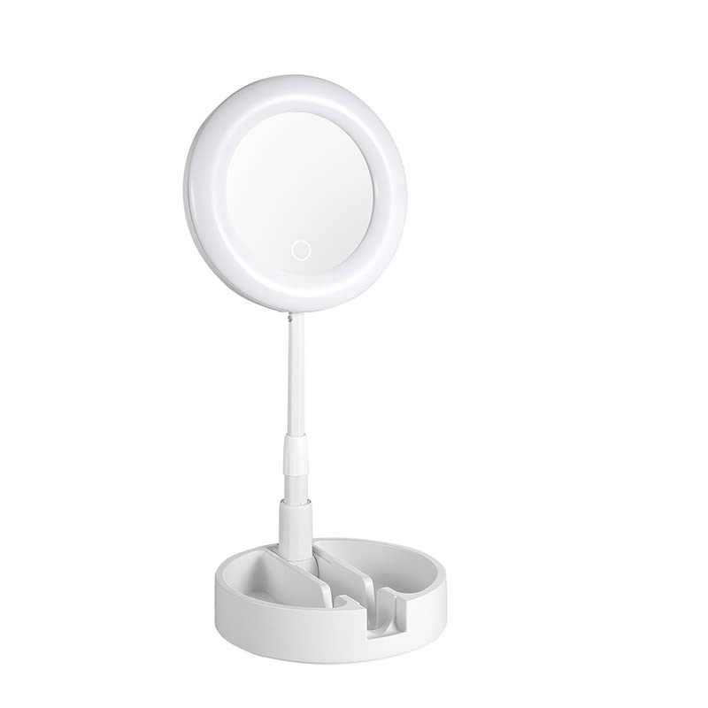 GLOWSERIES LED Lighted Folding Round Travel Foldable Makeup 10 X Magnifying Desktop Mirrorwith 3 Color Modes, Storage Box (White)