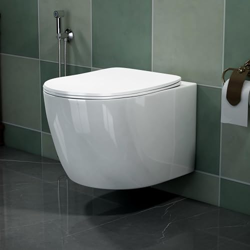 Plantex Italica Ceramic Wall Hung Commode/Imported Rimless Washdown Western Commode with Soft Close Toilet Seat - P Trap (Round, White Glossy)