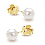 Pendientes de tuerca de oro amarillo real de 14 quilates de 5 a 6 mm con perlas cultivadas en agua dulce blancas casi redondas