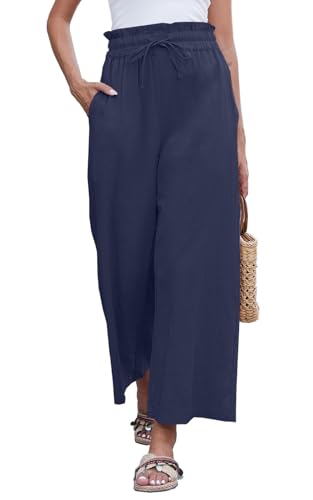 Yutdeng Pantalones Anchos Mujer Verano Cintura Alta Elástica con Cordón Pantalones Lino con Bolsillos Pierna Ancha Pantalones Palazzo Ligeros Pantalón Ancho Mujer Verano Casual,Azul Marino,M