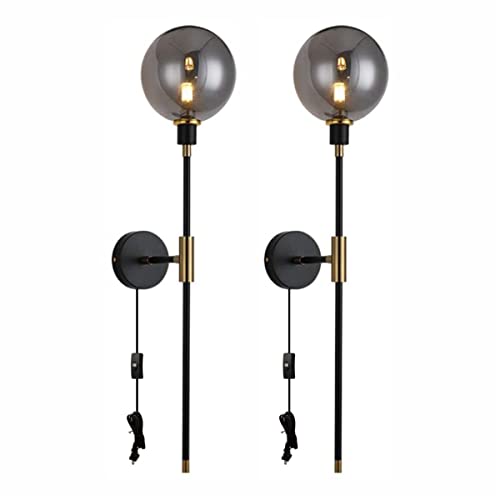 Image of KCO 1-Light Plug in Wall Sconces On /Off Switch Cord Black Modern Wall Mounted Light Fixture with Long Arm Glass Globe Shade Wall Lamp for Bedroom Living Room Kitchen Hallway (Smoke Gray & 2-Pack)