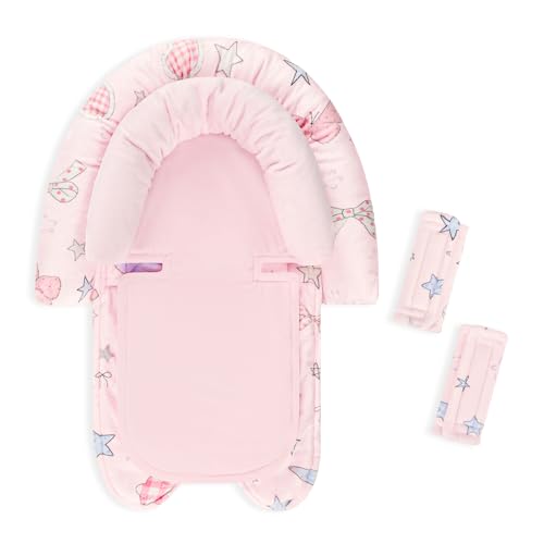 Image of GFU Baby Car Seat Head Support for Newborn, 2 in 1 Infant Car Seat Head Body Support with Strap Pads, Soft Stroller Cushion Pillow Insert for Girls, Fits for Stroller, Swing, Pink Stars