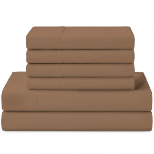 Image of Linen Home 100% Cotton Percale Sheets Queen Size, Earthy Brown, Deep Pocket, 6 Pieces Set- 1 Flat, 1 Fitted and 4 Pillowcases, Crisp Cool and Long Staple Strong Bed Linen
