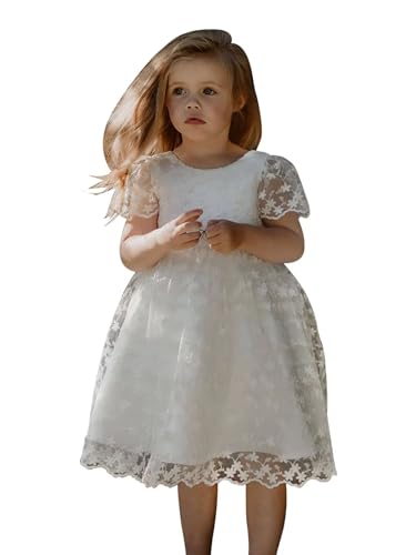 Lace Applique Flower Girl Dress Tulle First Communion Dress Wedding Short Sleeve Bow Knot Short Ball Gowns