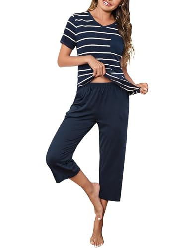 Crewhpo Pyjama Femme Été Coton Ensembles de Pyjama à Rayé 2 Pièces Vêtements de Nuit Col en V Pyjama Court Doux T-Shirt Manche Courte et Pantalon Capri...
