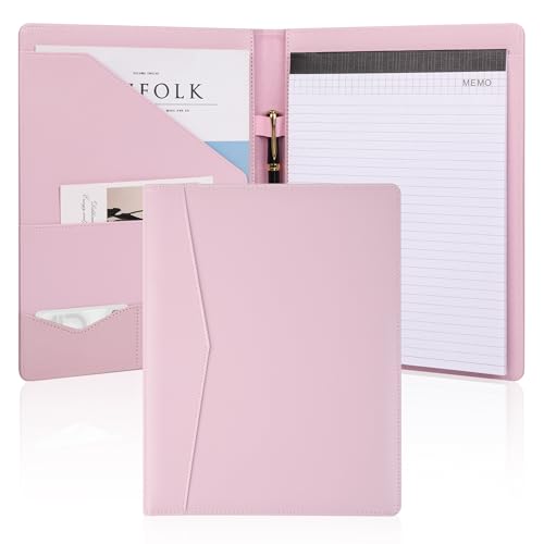 Image of Pacific Mailer Padfolio Portfolio Leather Binder, Interview Legal Document Organizer, Business Card Holder Included Letter Sized Writing Pad [Pink, Piano Noir Faux Leather Matte Finish]