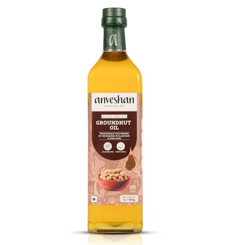 Anveshan Wood Cold Pressed Groundnut Peanuts Oil 1L | Glass Bottle | Kolhu/Kacchi Ghani/Chekku | Peanut Oil | Natural | Chemical-Free | Cold Pressed Groundnut Oil for Cooking