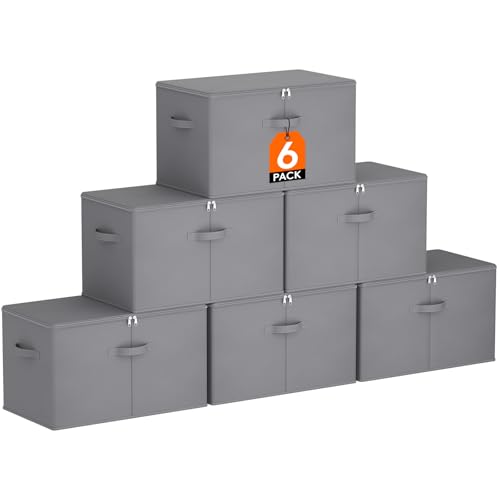 Image of Lifewit Wardrobe Storage Organiser, Storage Boxes With Lid, Foldable Clothes Basket With Reinforced Handle, Cube Lidded Box For Blanket Duvet, 60L, 56 x 32 x 33cm, Grey, 6 Pack