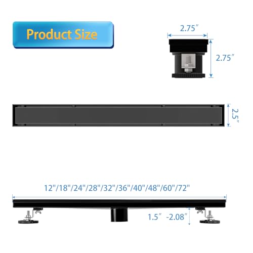 Elefloom Linear Shower Drain, 24 inch Black Drain with Tile Insert 2-in-1 Panel, Brushed 304 Stainless Steel Shower Floor Drain, Linear Drain with Hair Strainer and Adjustable Feet