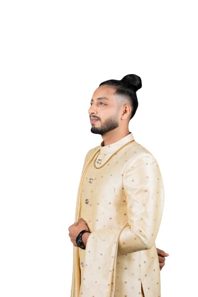 Gold indo western sherwani with dupatta & straight cut pant-image-3