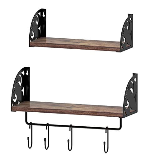 RLAVBL Estanteria Pared de Madera Maciza con Barra de Toalla, 2 Pack, Balda Flotante Metal con 4 Ganchos, Estante Colgante...