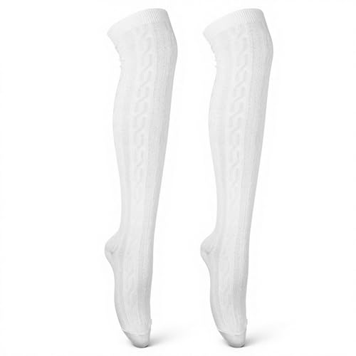 Skrfren Women Cable Knit Thigh High Socks, Cable Knit Over the Knee Boot Socks Knee High Boot Stockings Leg Warmers, Extra Long Winter Stockings Knitted Thick Thigh, white