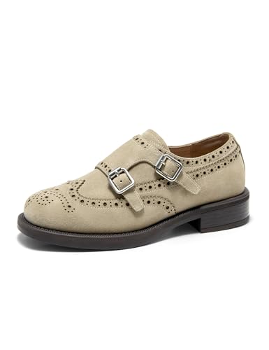 Image of BEAU TODAY Womens Leather Loafers, Monk Platform Loafer Shoes | Cowhide, Brogue Wingtip, Slip-on, Chunky Heel, Comfortable, Non-slip Durable, Business Casual Office Dress Shoes