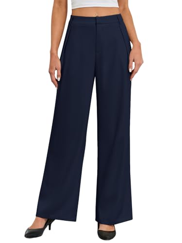 Gracyoga Wide Leg Pants for Woman Summer Trendy Business Work Pants Casual High Rise Trousers Comfy Dressy Slacks with Pockets Navy Blue M