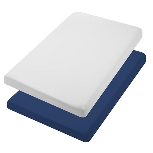 Image of TILLYOU Mini Crib Fitted Sheets 2 Pack - Soft Jersey Knit Microfiber Playpen Bedding Sheet for Baby, Portable Mini Pack n Play Sheet, Machine Washable, 38'' x 24'',Light Gray & Navy Blue