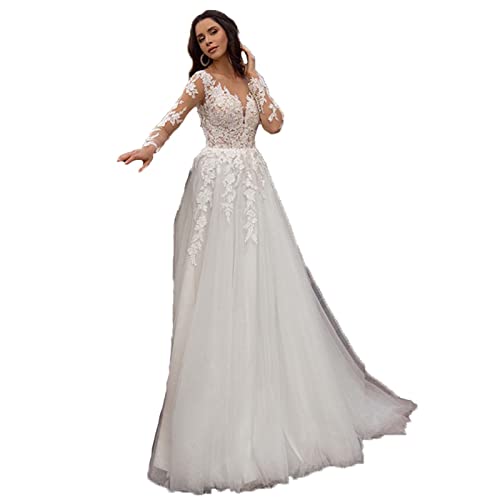 AIYIFUTY Robe de mariée, Robe de mariée à Manches Longues, Robe de mariée à col en V Double, Robe de sirène en Dentelle avec Appliques Florales,White,16 Cover