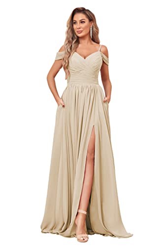 Image of BOLENSYE Off the Shoulder Bridesmaid Dresses with Pockets Ruched Chiffon Long Slit Formal Evening Gown
